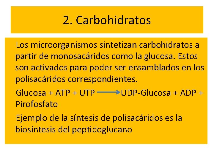 2. Carbohidratos Los microorganismos sintetizan carbohidratos a partir de monosacáridos como la glucosa. Estos