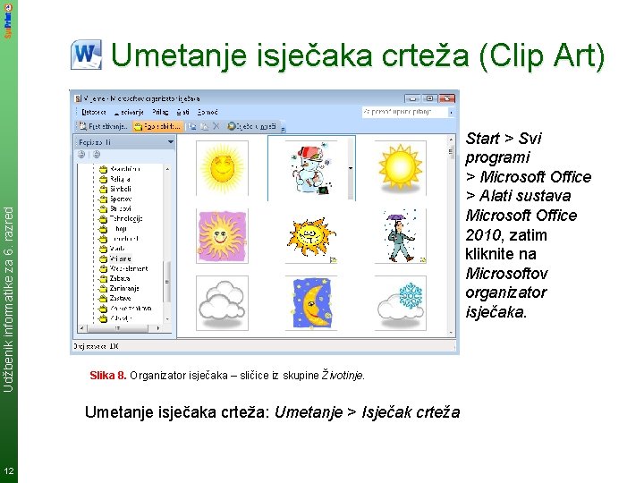 Udžbenik informatike za 6. razred Umetanje isječaka crteža (Clip Art) Start > Svi programi