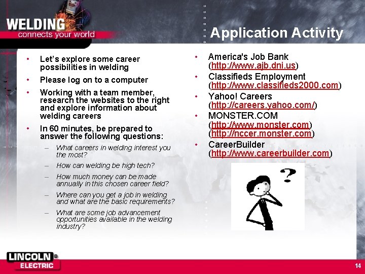 Application Activity • Let’s explore some career possibilities in welding • Please log on