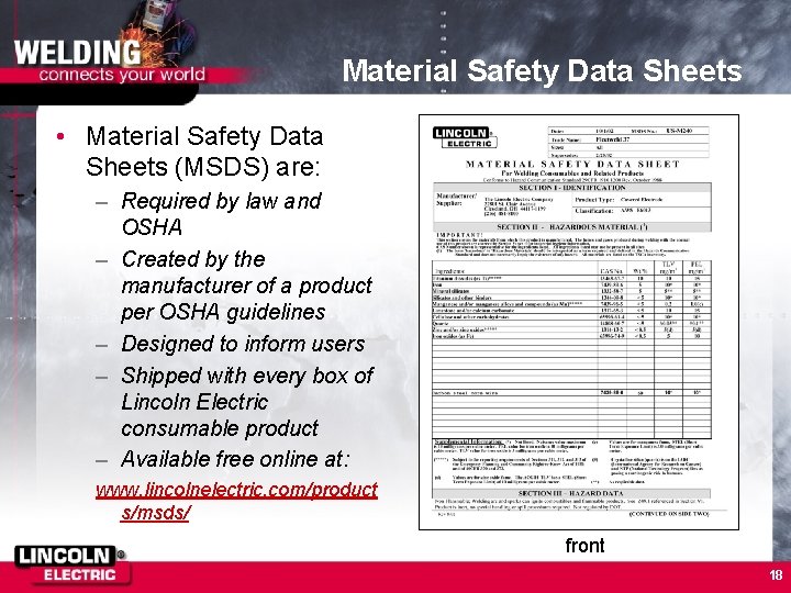 Material Safety Data Sheets • Material Safety Data Sheets (MSDS) are: – Required by