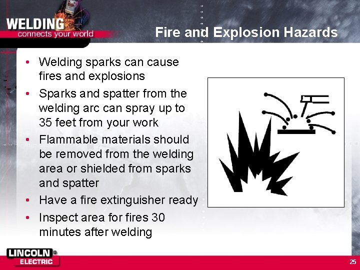 Fire and Explosion Hazards • Welding sparks can cause fires and explosions • Sparks