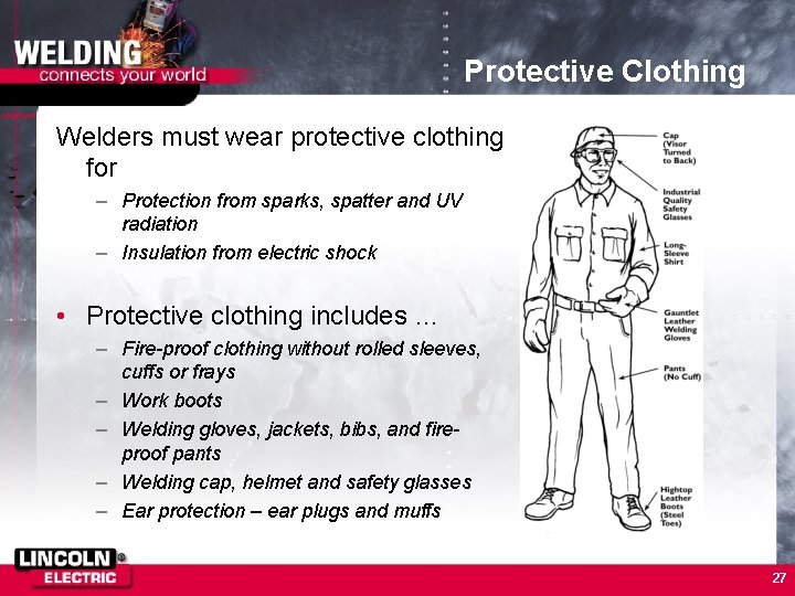 Protective Clothing Welders must wear protective clothing for – Protection from sparks, spatter and