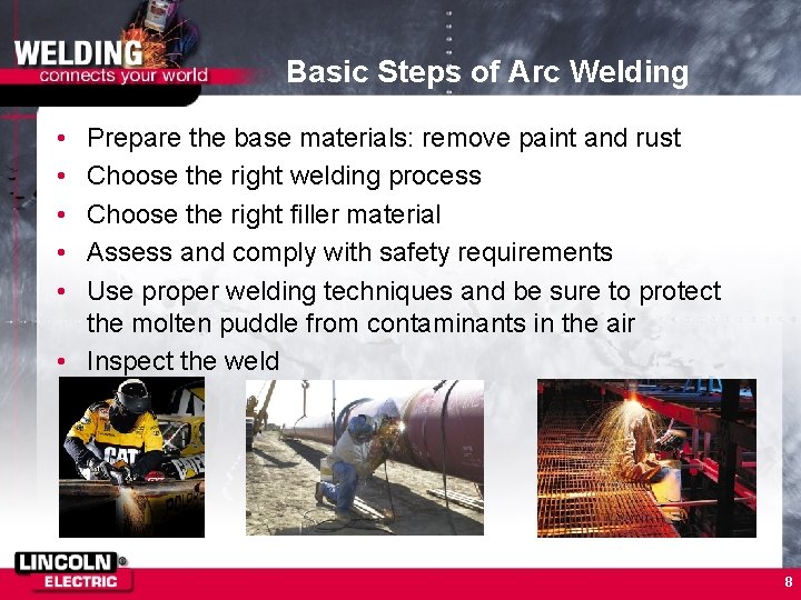 Basic Steps of Arc Welding • • • Prepare the base materials: remove paint
