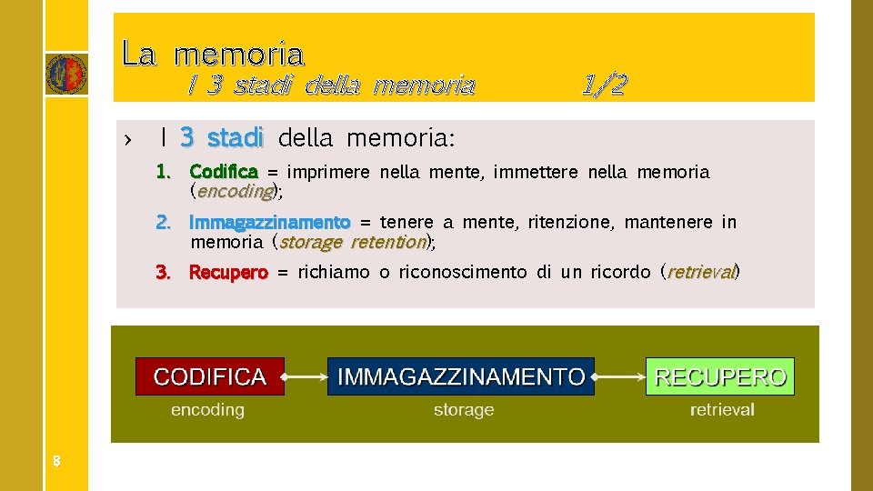 La memoria I 3 stadi della memoria › 1/2 I 3 stadi della memoria: