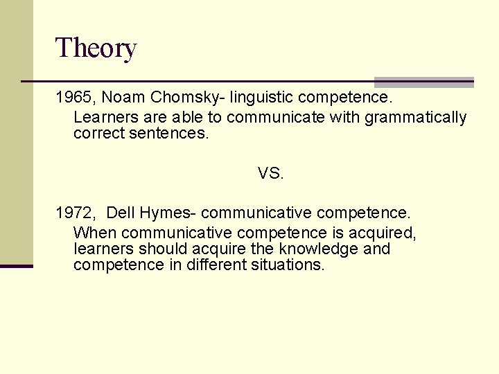 Theory 1965, Noam Chomsky- linguistic competence. Learners are able to communicate with grammatically correct