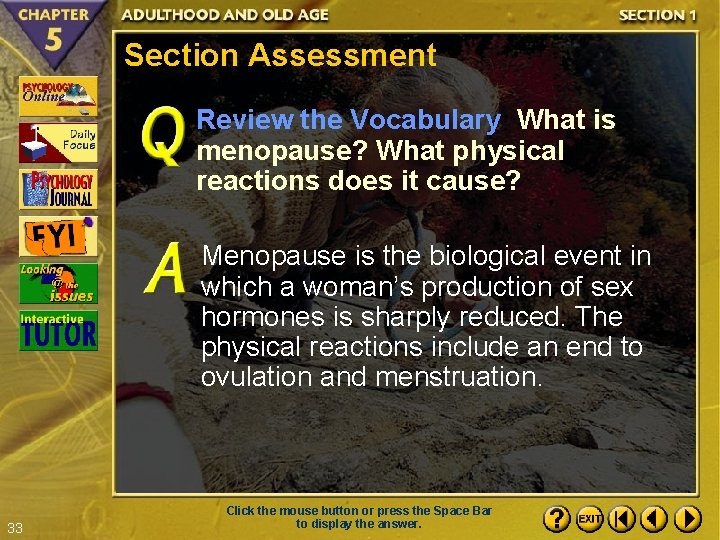 Section Assessment Review the Vocabulary What is menopause? What physical reactions does it cause?