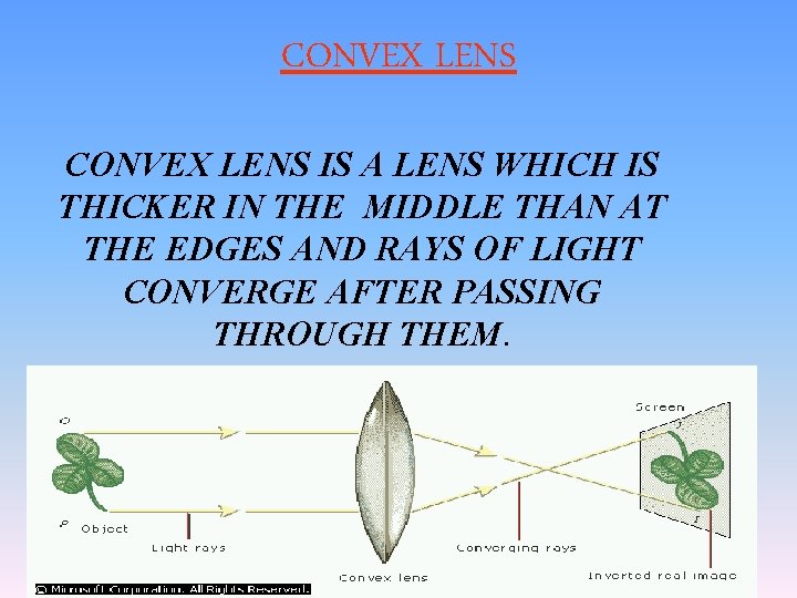 CONVEX LENS IS A LENS WHICH IS THICKER IN THE MIDDLE THAN AT THE
