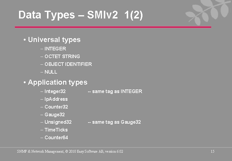 Data Types – SMIv 2 1(2) • Universal types – INTEGER – OCTET STRING