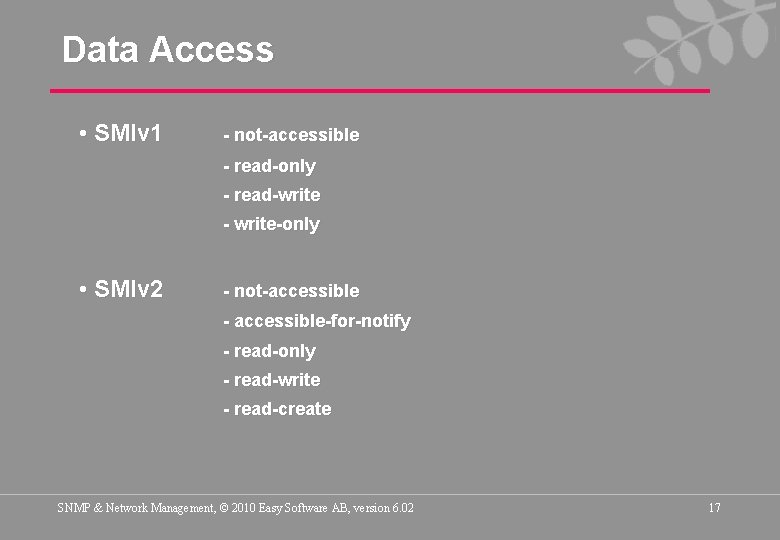 Data Access • SMIv 1 - not-accessible - read-only - read-write - write-only •