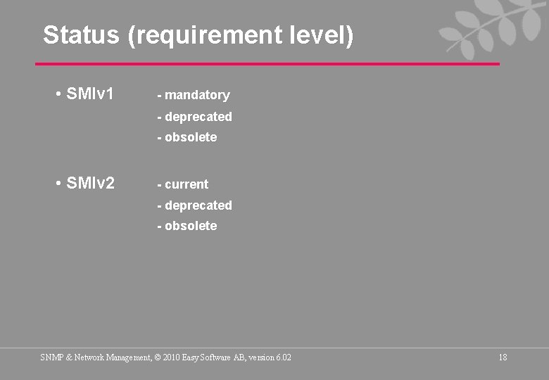 Status (requirement level) • SMIv 1 - mandatory - deprecated - obsolete • SMIv