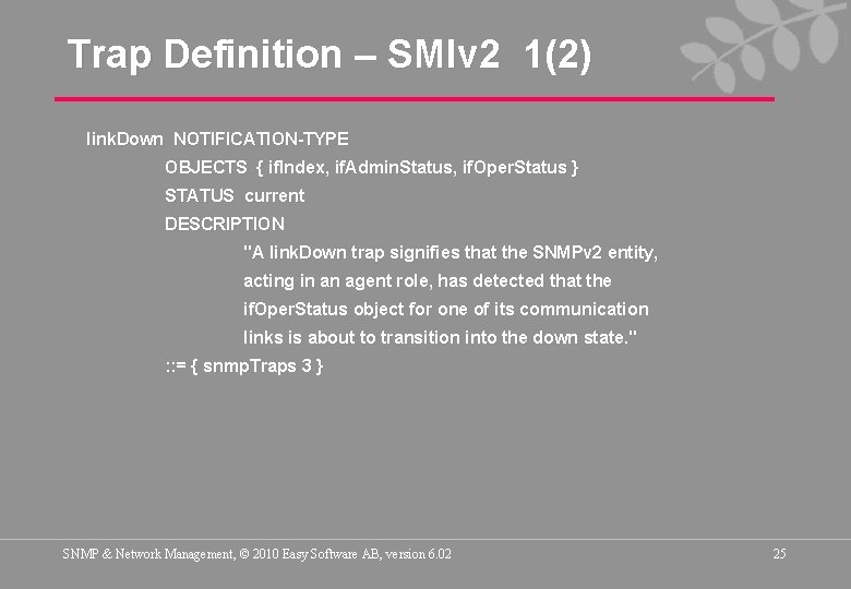 Trap Definition – SMIv 2 1(2) link. Down NOTIFICATION-TYPE OBJECTS { if. Index, if.