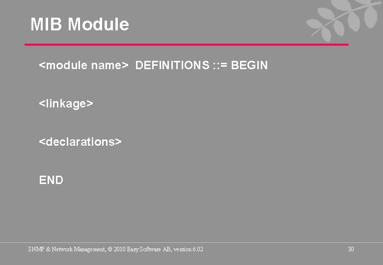 MIB Module <module name> DEFINITIONS : : = BEGIN <linkage> <declarations> END SNMP &