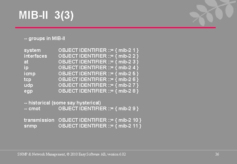 MIB-II 3(3) -- groups in MIB-II system interfaces at ip icmp tcp udp egp