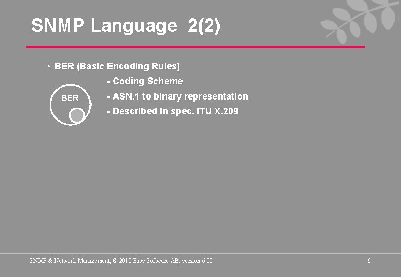 SNMP Language 2(2) • BER (Basic Encoding Rules) - Coding Scheme BER - ASN.