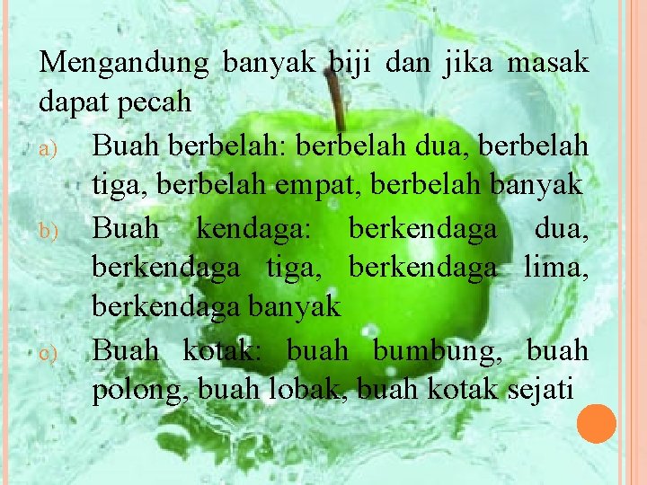 Mengandung banyak biji dan jika masak dapat pecah a) Buah berbelah: berbelah dua, berbelah