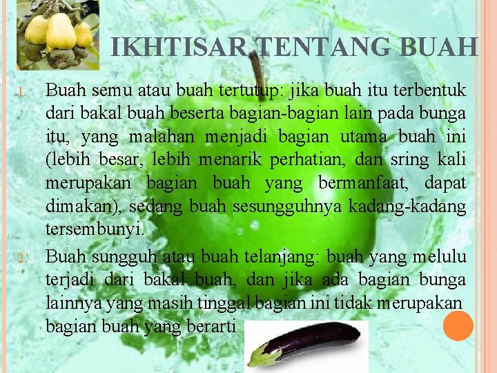 IKHTISAR TENTANG BUAH 1. 2. Buah semu atau buah tertutup: jika buah itu terbentuk