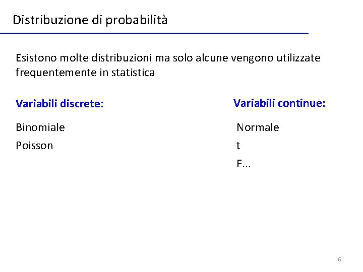 Distribuzione di probabilità Esistono molte distribuzioni ma solo alcune vengono utilizzate frequentemente in statistica