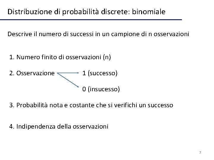 Distribuzione di probabilità discrete: binomiale Descrive il numero di successi in un campione di