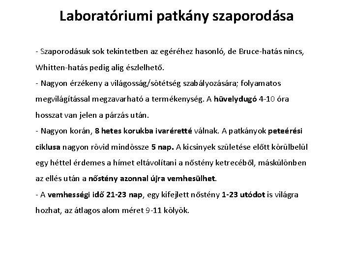 Laboratóriumi patkány szaporodása - Szaporodásuk sok tekintetben az egéréhez hasonló, de Bruce-hatás nincs, Whitten-hatás