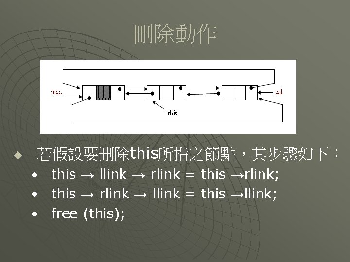 刪除動作 u 若假設要刪除this所指之節點，其步驟如下： • this → llink → rlink = this →rlink; • this