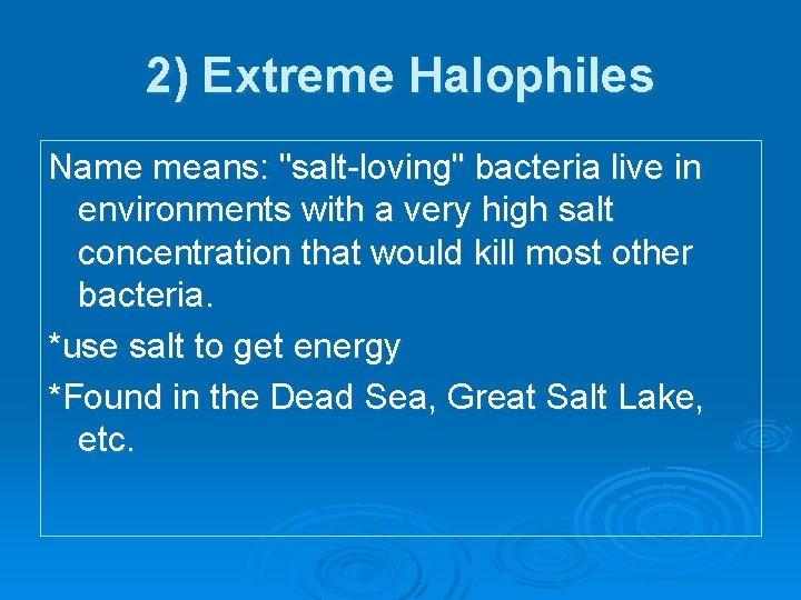 2) Extreme Halophiles Name means: "salt-loving" bacteria live in environments with a very high