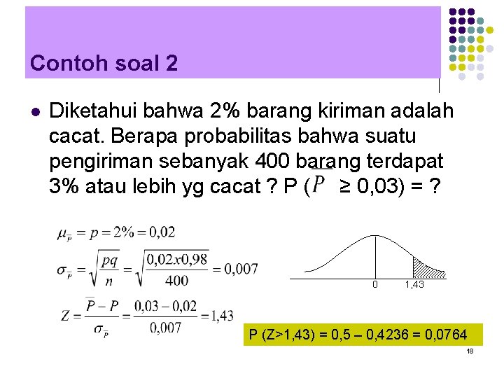 Contoh soal 2 l Diketahui bahwa 2% barang kiriman adalah cacat. Berapa probabilitas bahwa