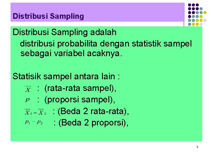 Distribusi Sampling adalah distribusi probabilita dengan statistik sampel sebagai variabel acaknya. Statisik sampel antara