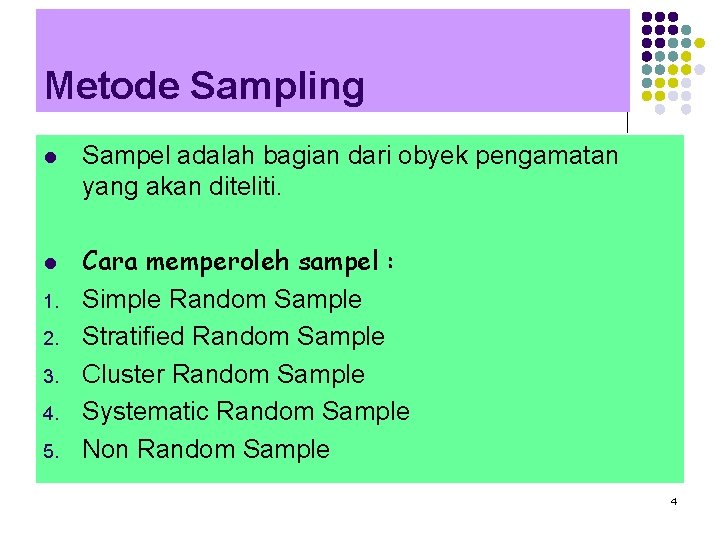 Metode Sampling l l 1. 2. 3. 4. 5. Sampel adalah bagian dari obyek