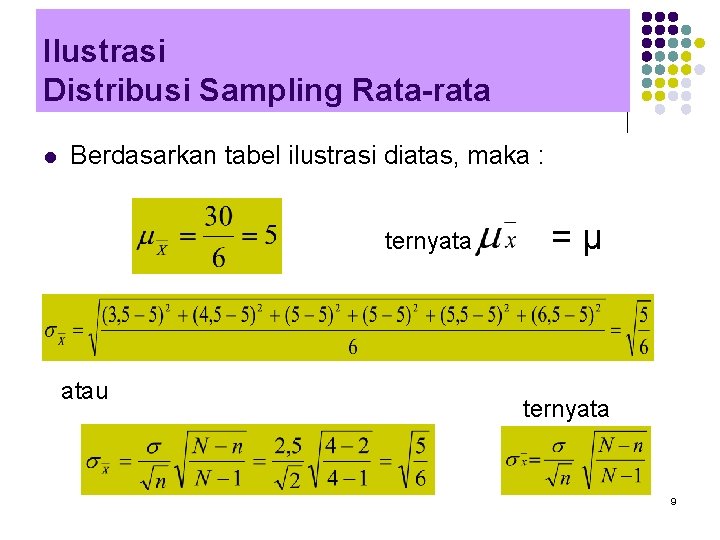 Ilustrasi Distribusi Sampling Rata-rata l Berdasarkan tabel ilustrasi diatas, maka : ternyata atau =μ