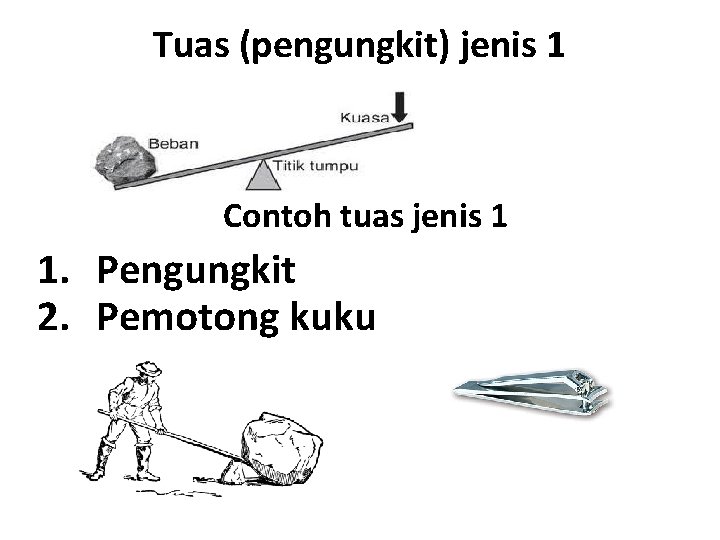 Tuas (pengungkit) jenis 1 Contoh tuas jenis 1 1. Pengungkit 2. Pemotong kuku 