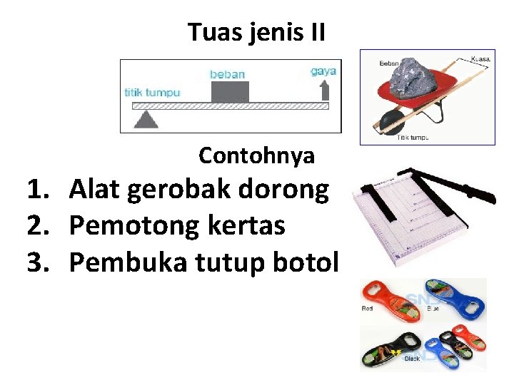 Tuas jenis II Contohnya 1. Alat gerobak dorong 2. Pemotong kertas 3. Pembuka tutup
