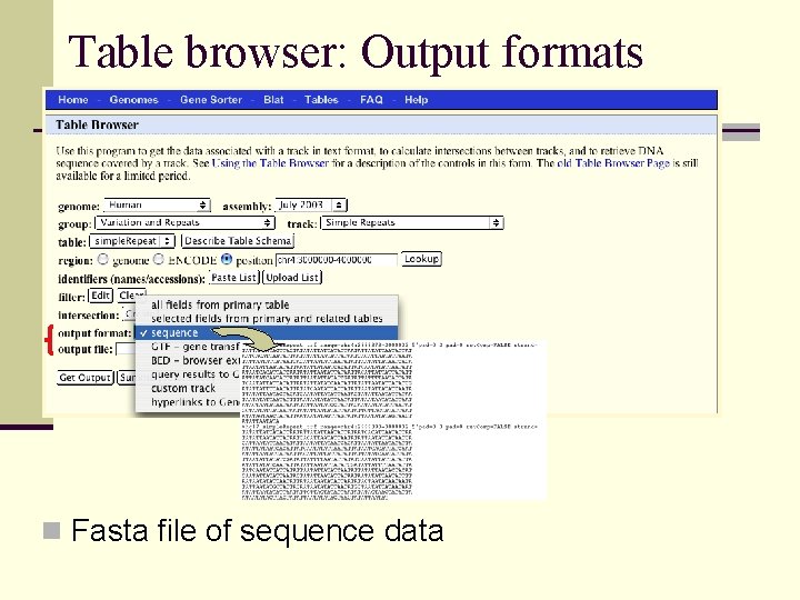 Table browser: Output formats n Fasta file of sequence data 