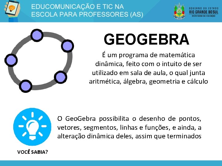 GEOGEBRA É um programa de matemática dinâmica, feito com o intuito de ser utilizado