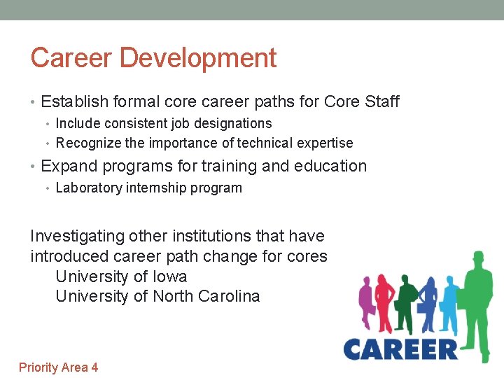 Career Development • Establish formal core career paths for Core Staff • Include consistent