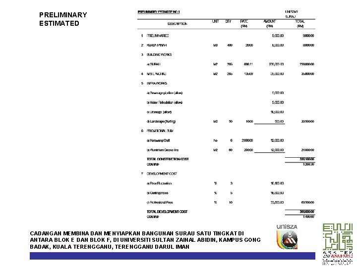 PRELIMINARY ESTIMATED CADANGAN MEMBINA DAN MENYIAPKAN BANGUNAN SURAU SATU TINGKAT DI ANTARA BLOK E