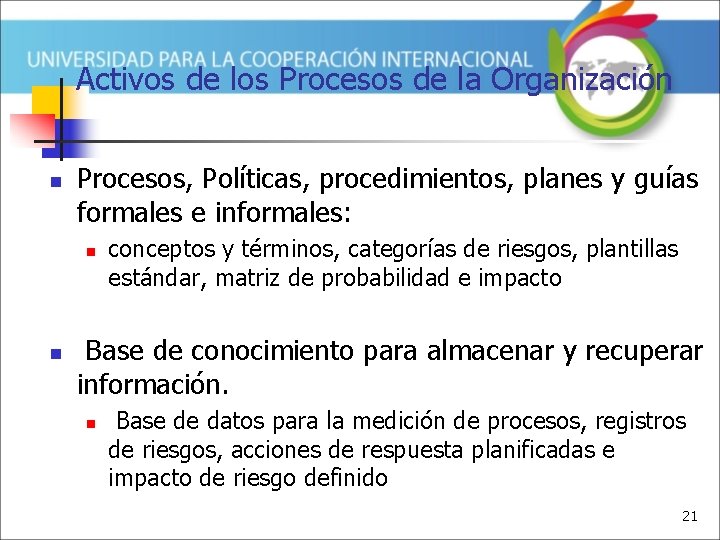 Activos de los Procesos de la Organización n Procesos, Políticas, procedimientos, planes y guías