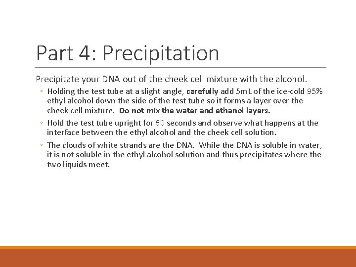 Part 4: Precipitation Precipitate your DNA out of the cheek cell mixture with the