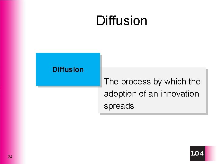 Diffusion The process by which the adoption of an innovation spreads. 24 4 