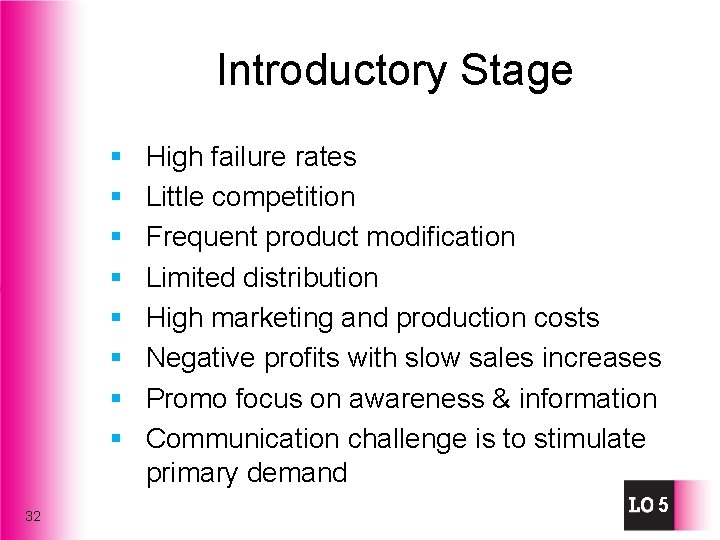 Introductory Stage § § § § 32 High failure rates Little competition Frequent product