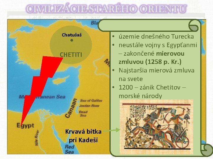 Chatušaš CHETITI Krvavá bitka pri Kadeši • územie dnešného Turecka • neustále vojny s