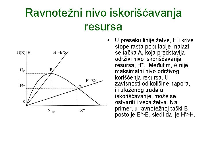 Ravnotežni nivo iskorišćavanja resursa • U preseku linije žetve, H i krive stope rasta