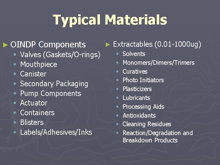 Typical Materials ► Extractables (0. 01 -1000 ug) ► OINDP Components § Solvents §