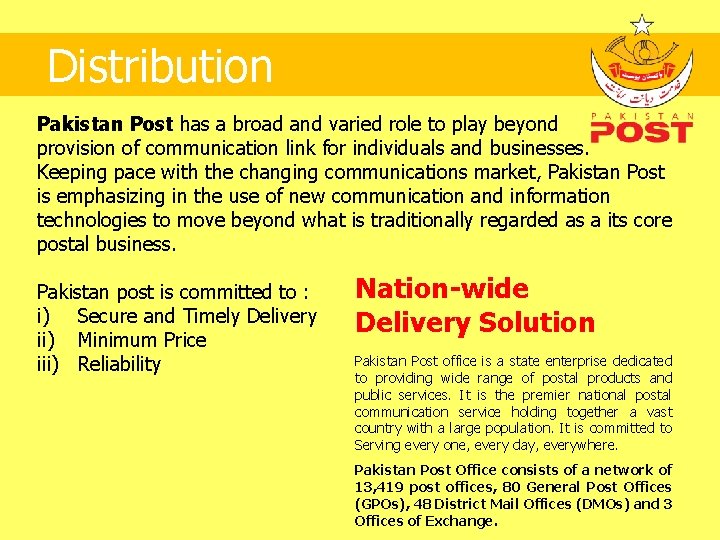 Distribution Pakistan Post has a broad and varied role to play beyond provision of