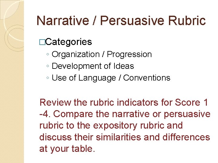 Narrative / Persuasive Rubric �Categories ◦ Organization / Progression ◦ Development of Ideas ◦