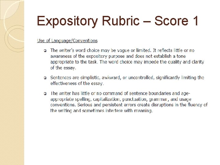 Expository Rubric – Score 1 