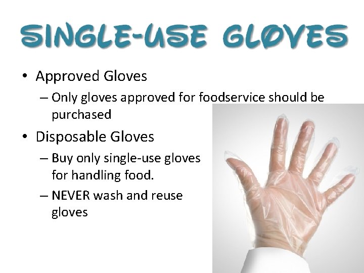  • Approved Gloves – Only gloves approved for foodservice should be purchased •