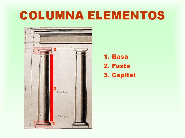 COLUMNA ELEMENTOS 3 2 1 1. Basa 2. Fuste 3. Capitel 