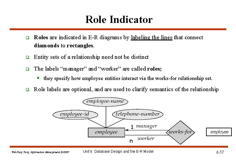 Role Indicator q Roles are indicated in E-R diagrams by labeling the lines that Role Indicator q Roles are indicated in E-R diagrams by labeling the lines that