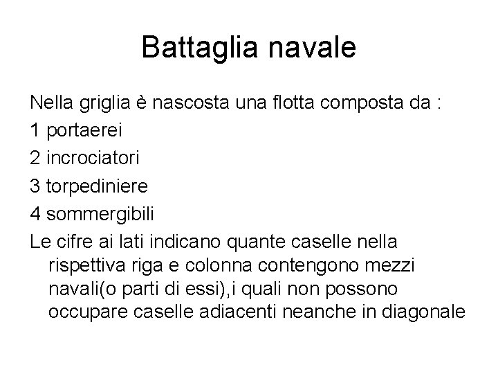Battaglia navale Nella griglia è nascosta una flotta composta da : 1 portaerei 2