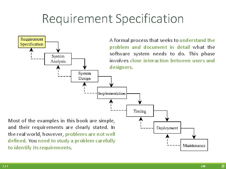 Requirement Specification A formal process that seeks to understand the problem and document in